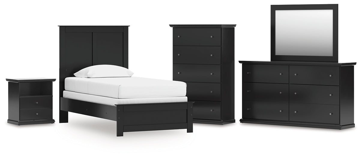 Maribel Twin Panel Bed with Mirrored Dresser, Chest and Nightstand