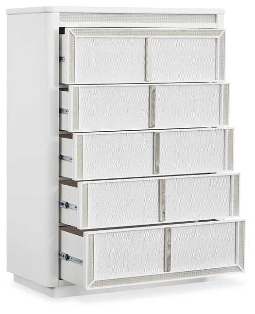 Chalanna California King Upholstered Storage Bed with Mirrored Dresser, Chest and Nightstand