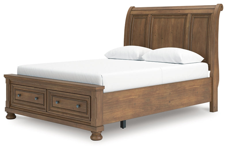 Feddinger Queen Storage Sleigh Bed with Mirrored Dresser, Chest and Nightstand