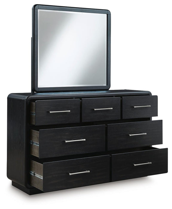 Rowanbeck Queen Upholstered Panel Bed with Mirrored Dresser