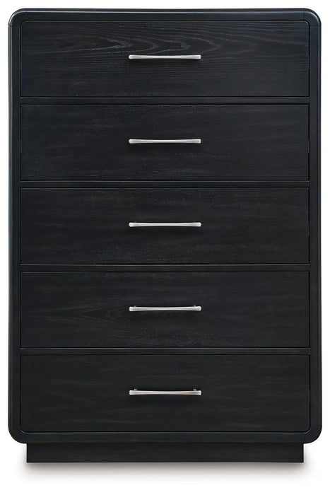 Rowanbeck California King Upholstered Panel Bed, Dresser, Mirror, Chest and Nightstand