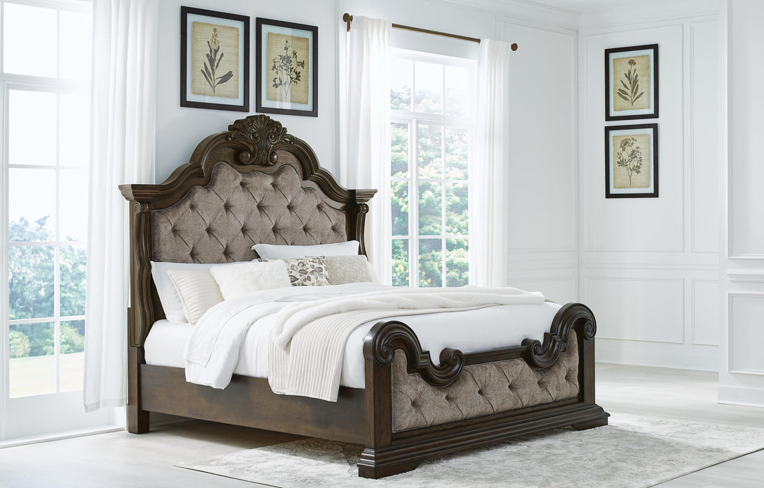Maylee California King Upholstered Bed with Mirrored Dresser