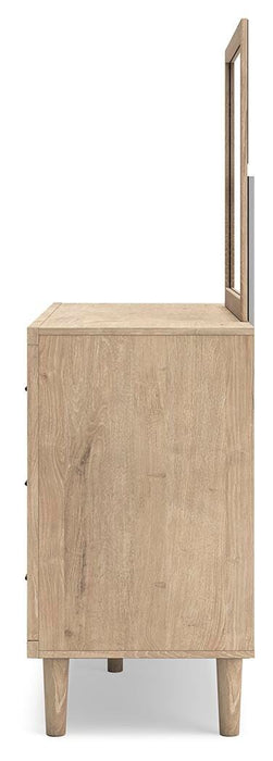 Cielden King Panel Bed with Mirrored Dresser