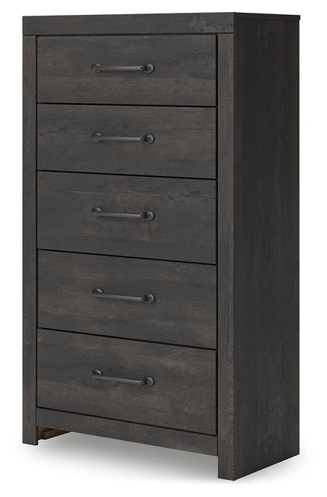 Hollivern King Panel Bed, Dresser, Mirror, Chest and Nightstand