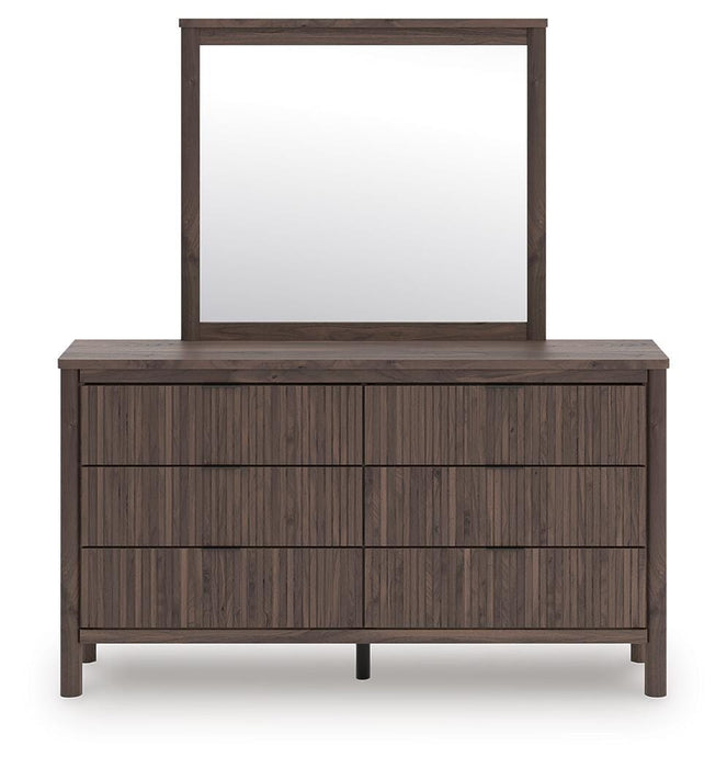 Pamytta Twin Upholstered Panel Platform Bed, Dresser, Mirror and Nightstand