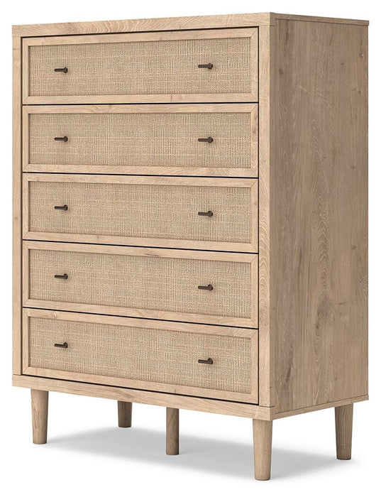Cielden King Upholstered Bed with Roll Slats, Dresser, Mirror, Chest and Nightstand