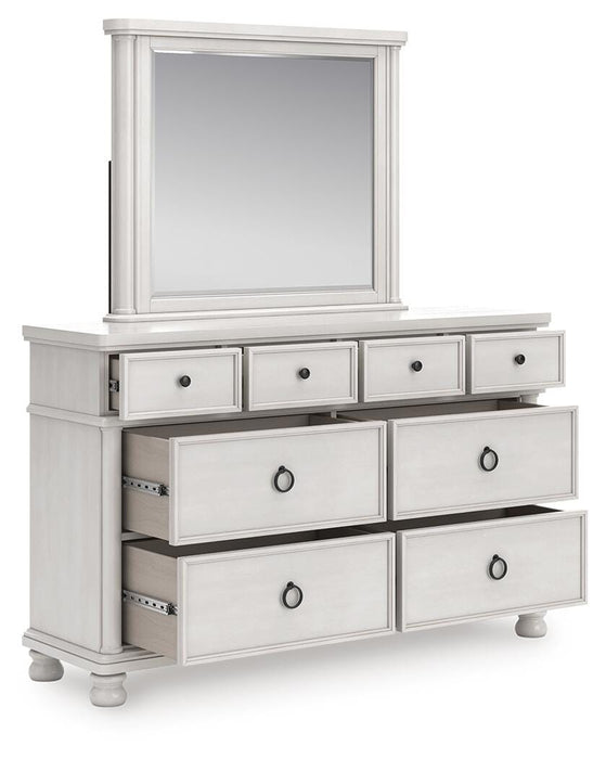 Rowlenstown California King Poster Bed, Dresser and Mirror