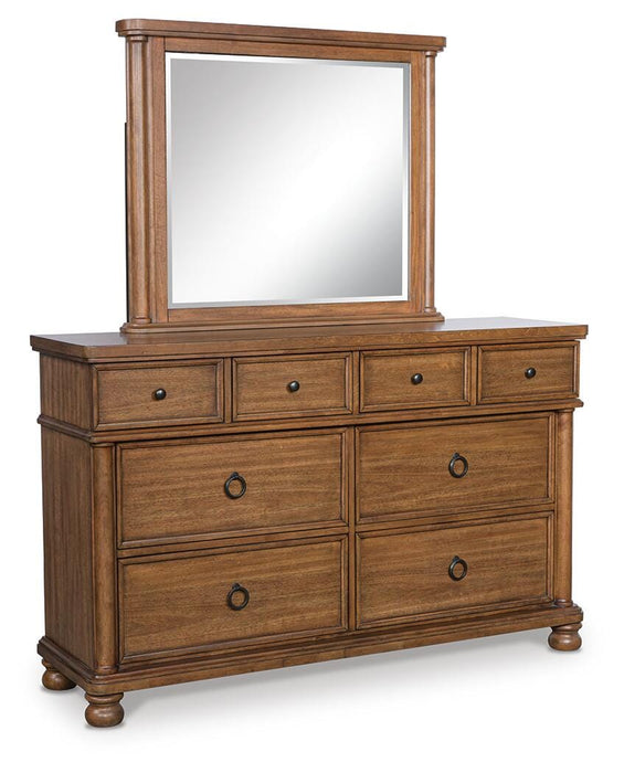 Rowlenstown California King Poster Bed with Mirrored Dresser