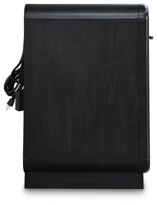 Rowanbeck King Upholstered Panel Bed, Dresser, Mirror and Nightstand