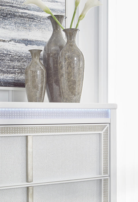 Chalanna Queen Upholstered Storage Bed, Dresser, Mirror, Chest and Nightstand