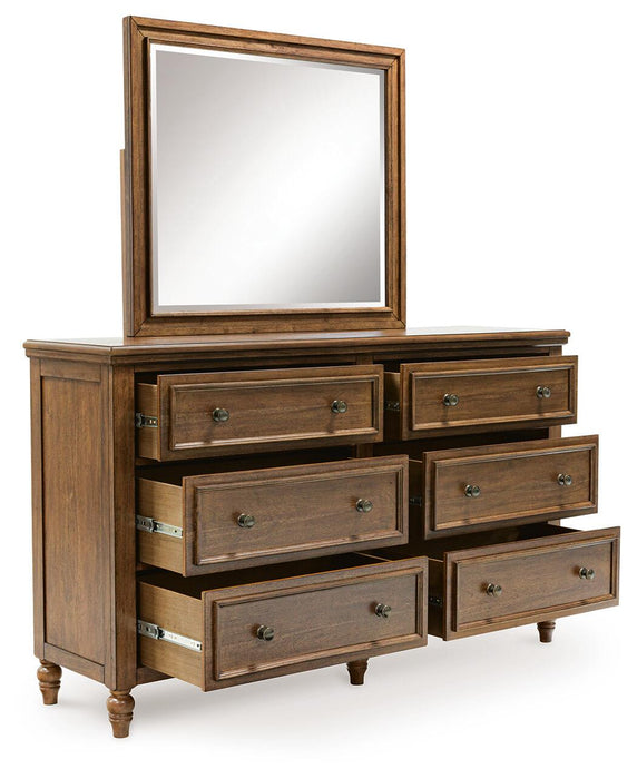 Sturlayne California King Upholstered Panel Bed, Dresser, Mirror, Chest and Nightstand