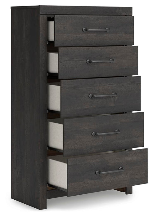 Delmorta King Panel Bed, Dresser, Mirror, Chest and Nightstand