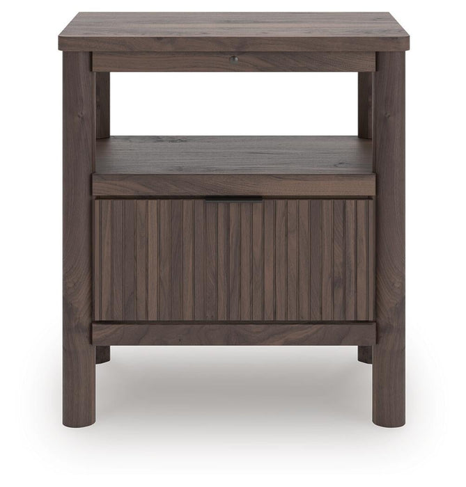 Cadmori Queen Upholstered Panel Bed, Dresser, Mirror and Nightstand