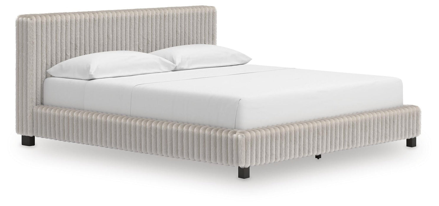 Birmonton California King Upholstered Bed, Dresser, Mirror and Nightstand