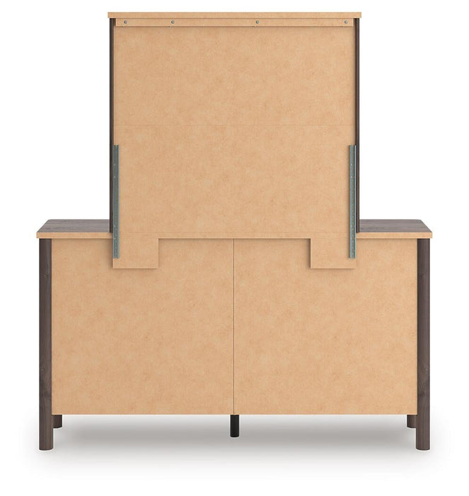 Cadmori Queen Upholstered Panel Bed, Dresser and Mirror