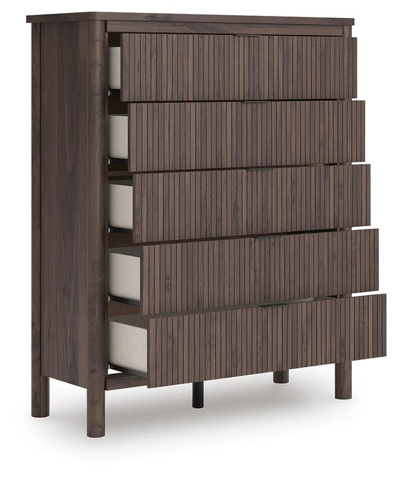 Cadmori Queen Upholstered Panel Platform Bed, Dresser, Mirror, Chest and Nightstand